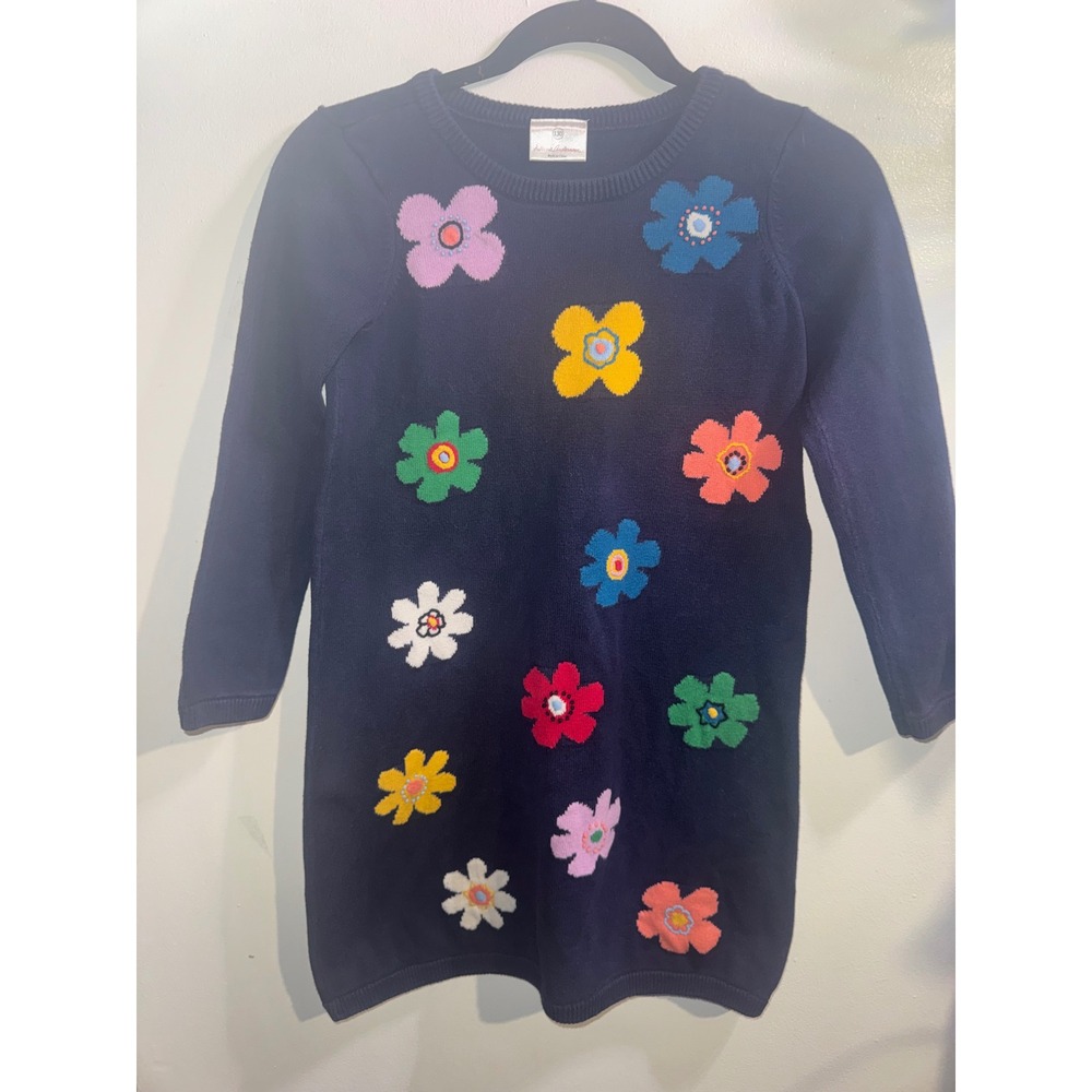 Hanna Andersson Girls Navy Blue Cotton Floral Intarsia Sweater Dress Size 130 8